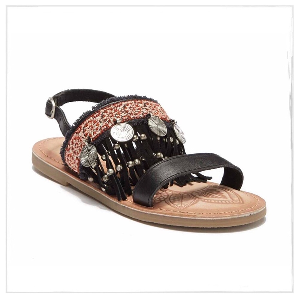Black Leather Fringe Sling Back Boho Sandals - Picture 3 of 5